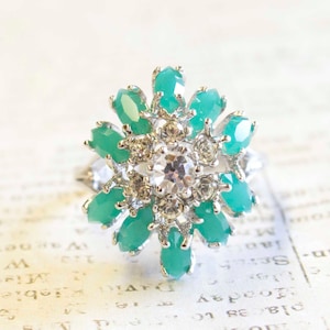 Vintage Ring Chrysoprase Green and Clear Austrian Crystals in Cluster Setting 18k White Gold Antique #R297 -Womens Cocktail Rings