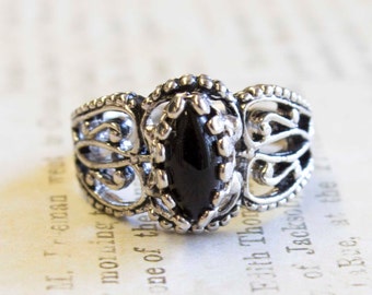 Vintage Ring Genuine Onyx Filigree Style 18k White Gold Silver Ring #R144 - Limited Stock - Never Worn