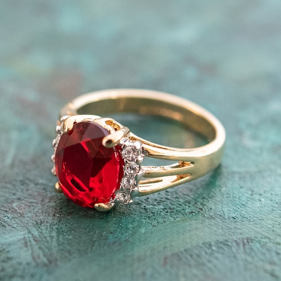 Vintage Ring 1980's Ruby Cubic Zirconia Ring with… - image 2