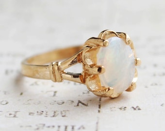 Vintage 1970s Womens Antique Genuine Jelly Opal Ring 18k Gold Electroplated Flower Solitaire USA Handmade Jewelry Oval Cut Opal Rings