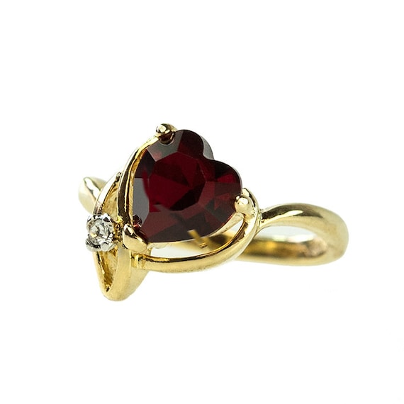 Vintage 18k Gold Ruby Heart Ring: Swarovski Cryst… - image 1
