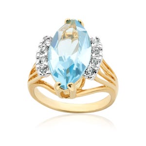 Vintage Aquamarine Crystal Ring: 18k Gold Electroplate, March Birthstone