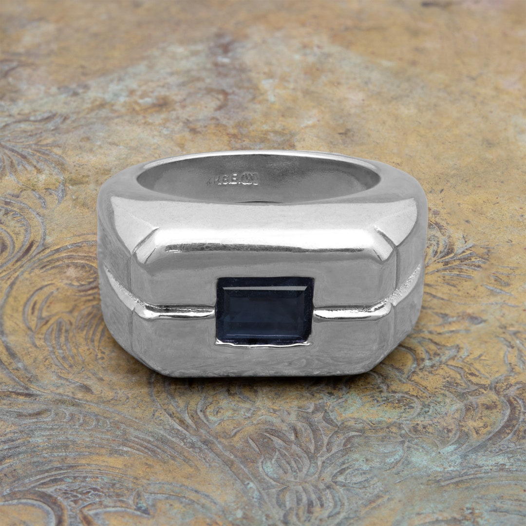 Vintage Ring 1980s Mens Sapphire Crystal 18kt White Gold Silver Plated ...