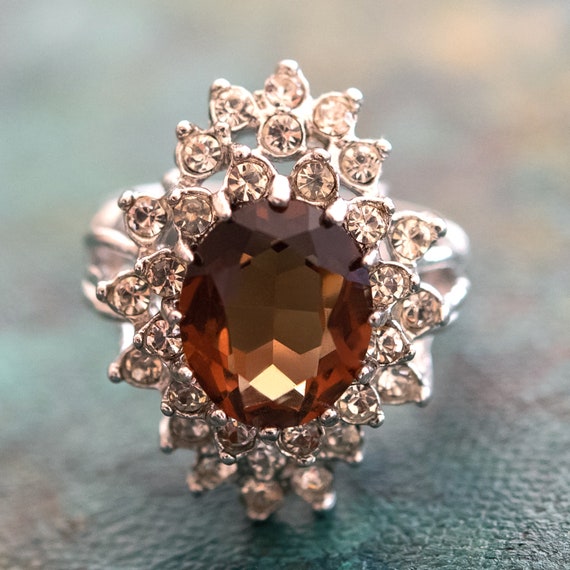 Vintage Ring Smoke Topaz Swarovski and Clear Crys… - image 1