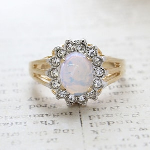 Vintage Ring Jewelry Pinfire Opal Surrounded by Clear Austrian Crystals Birthstone Ring Made in the USA - Limited Stock - Never Worn
