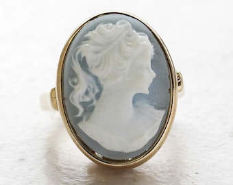 Vintage White Silhouette on Light Blue Cameo Ring 18kt Yellow Gold Electroplated Made in USA R1776 Antique Style Face Rings Jewelry Women
