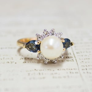 A Vintage Ring 1970s Faux Pearl Ring with Sapphire Swarovski Crystals 18kt Gold Jewelry Womans Antique #R2849 - Limited Stock - Never Worn