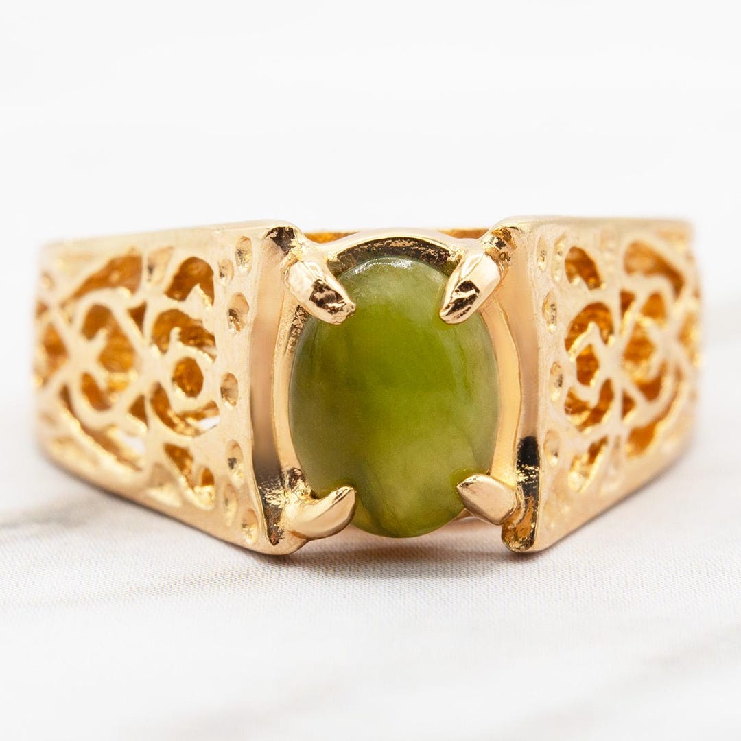 Vintage Women's Chinese Jade Cocktail Ring 18k Gold Electroplated