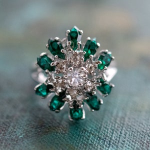 Vintage Ring Emerald Green and Clear Austrian Crystals in an 18kt White Gold Silver  Cluster Setting #R297-EW - Limited Stock - Never Worn