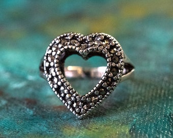 Vintage Marcasite Heart Ring: 18k White Gold Electroplated, Never