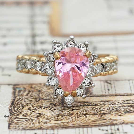 ヴィンテージ 18K ゴールドメッキリング：ピンクトルマリン