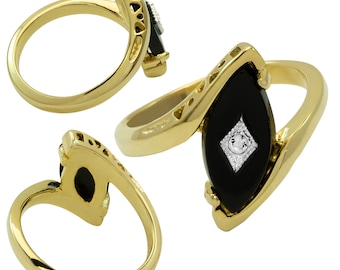 Vintage 18k Vergoldete Ring: Imitation Onyx & Österreichischer Kristall