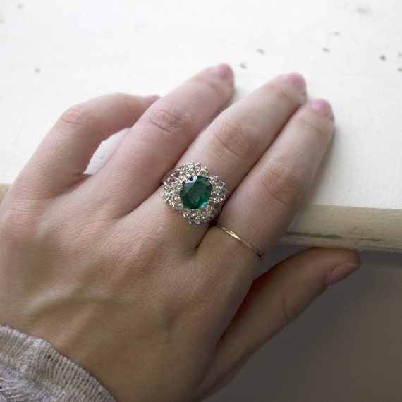 Vintage Ring Emerald and Clear Swarovski Crystal … - image 2