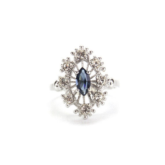 Vintage Ring Sapphire and Clear Swarovski Crystal… - image 1