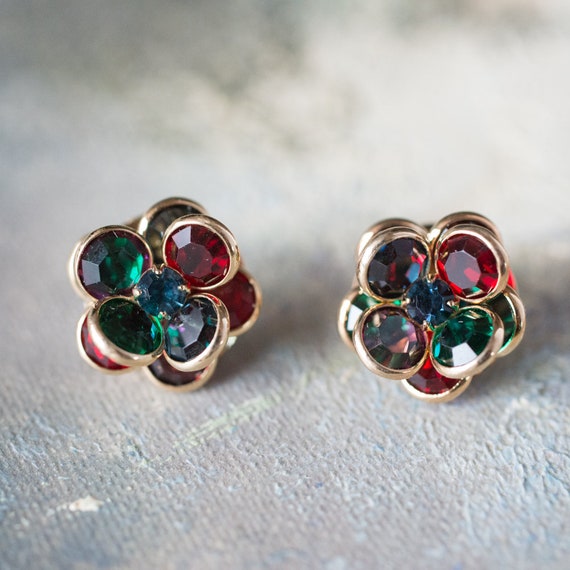 Vintage Flower Pierced Jewel Tone Crystal Earring… - image 1