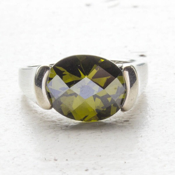 Vintage Peridot Swarovski Crystal Ring 18k White Gold Electroplated Setting Made in the USA