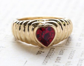 Bague coeur rubis, cristal Swarovski vintage, or 18 carats, bijoux anciens pour femme faits main R2063 - Stock limité - Jamais porté
