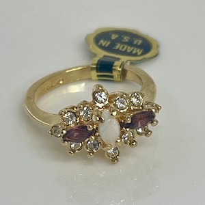 Antique Vintage Ring Genuine Opal with Amethyst Clear Swarovski Crystals 18k Gold Plated Womans Jewelry R1350 - Limited Stock - Never Worn