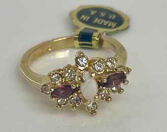 Vintage Opal Amethyst Ring: 18k Gold Plated Swarovski Crystal Cluster