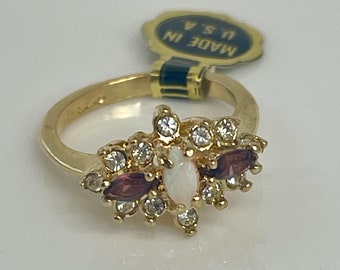 Antique Vintage Ring Genuine Opal with Amethyst Clear Swarovski Crystals 18k Gold Plated Womans Jewelry R1350 - Limited Stock - Never Worn