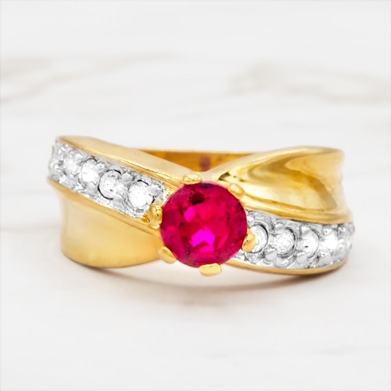 Vintage 18KT Gold Ruby Cubic Zirconia Ring: Solit… - image 1