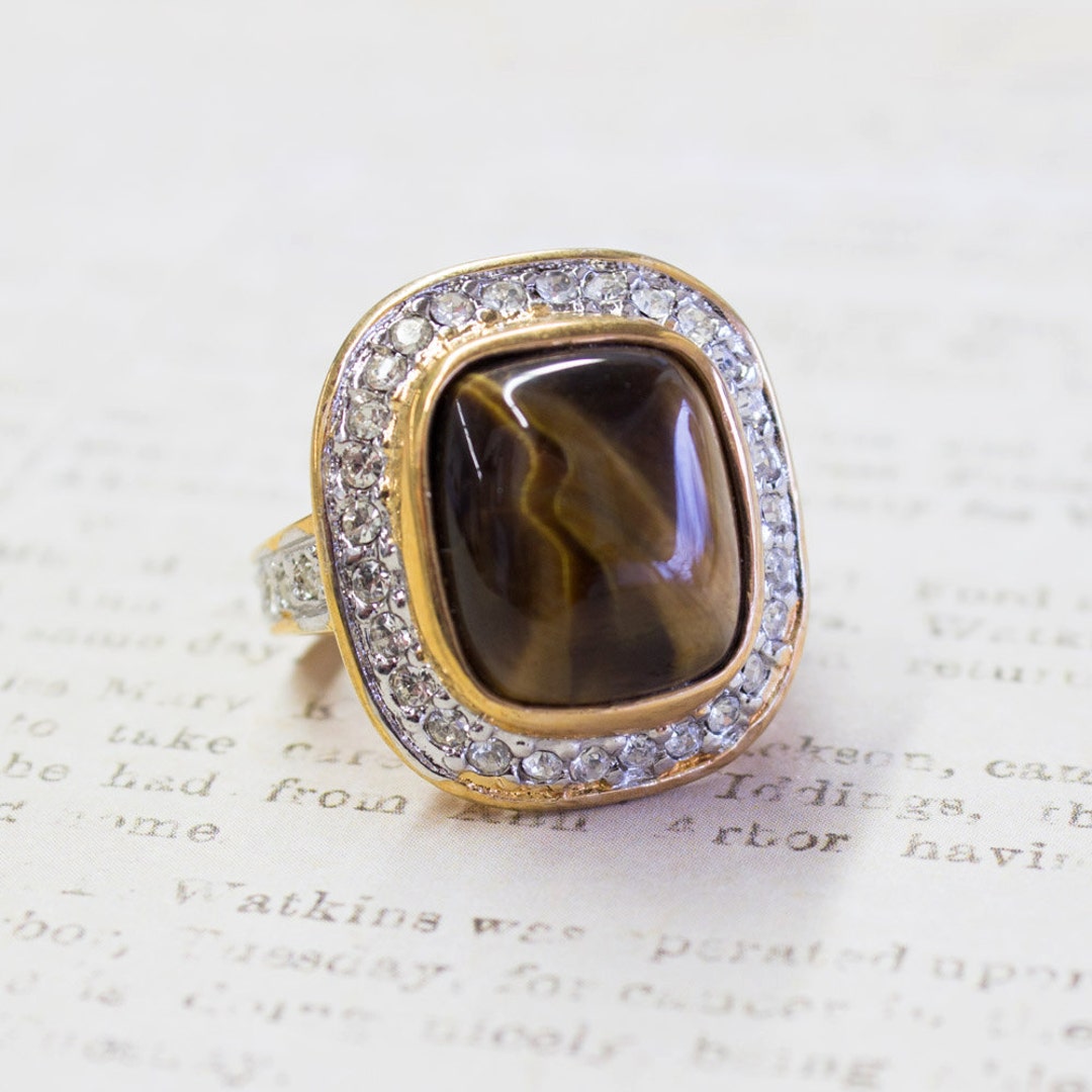スワロフスキー タイガー リング Vintage Ring Genuine Tiger Eye Swarovski Crystals 18k Gold