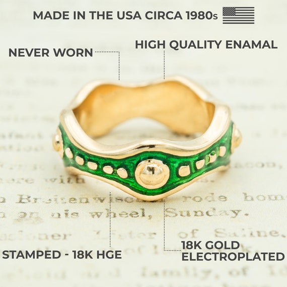 Vintage Ring 1970s Green Enamel Band Stacking 18k… - image 2