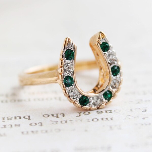 Vintage 1970s Lucky Horseshoe Ring set with Emerald Green and Clear Swarovski Crystals 18k Yellow Gold Electroplated Made in USA #R1236