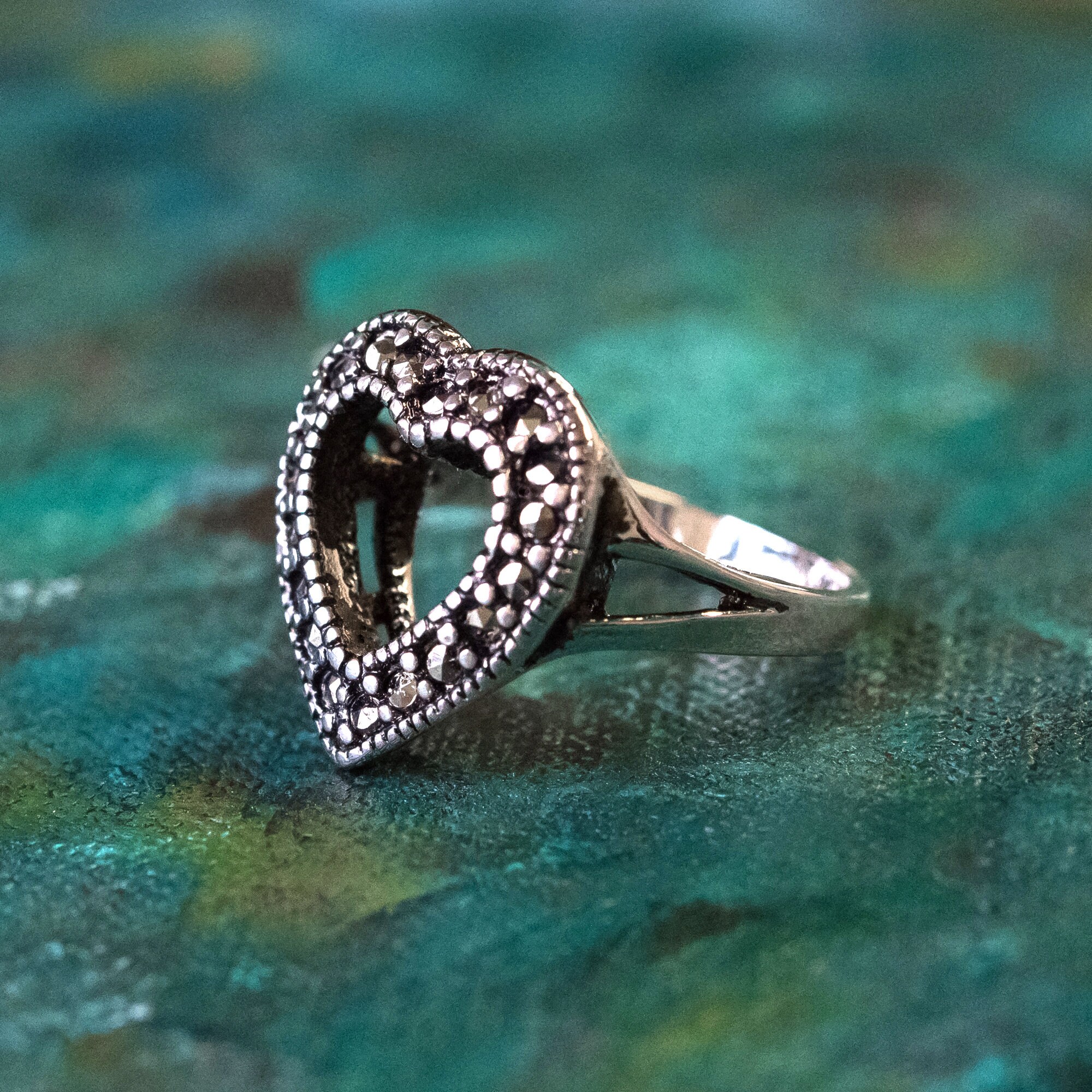 指輪・リング ME Heart Ring Vintage Ring Genuine Marcasite Heart Ring Antique 18k White