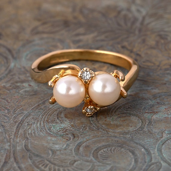 Women's Vintage Ring Pearl Beads with Clear Austr… - image 1