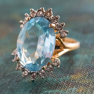 Vintage Aquamarine Ring: 18k Gold, Swarovski Crystal, March Birthstone