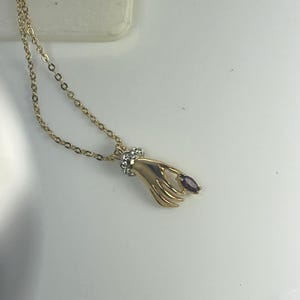 Victorian Amethyst CZ Gold Necklace: Lady Hand Pendant, Made in USA