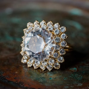 Vintage Swarovski Crystal Cocktail Ring: 18k Gold Electroplated, USA Made