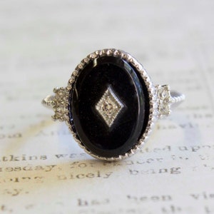 Vintage Ring Imitation Onyx Stone Ring Swarovski Crystal Accent 18k White Gold Electroplated Setting  #R1773