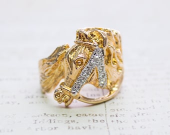 Vintage 1970s Horse Head Ring: 18k Gold Austrian Crystal Equestrian Jewelry