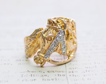 Vintage Ring 1970s Horse Head Ring with Austrian Crystals 18k Gold Handmade Womans Mens Jewlery Equestrian  Limited Stock- Never Worn