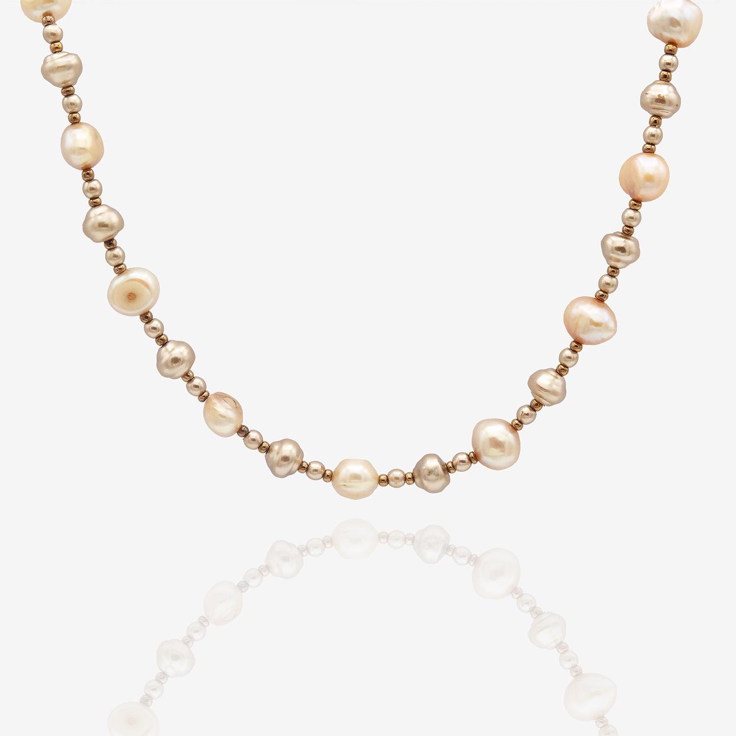 Vintage Oscar De La Renta Pearl Necklace: 16 Inch Freshwater Pearls, Gold Beads