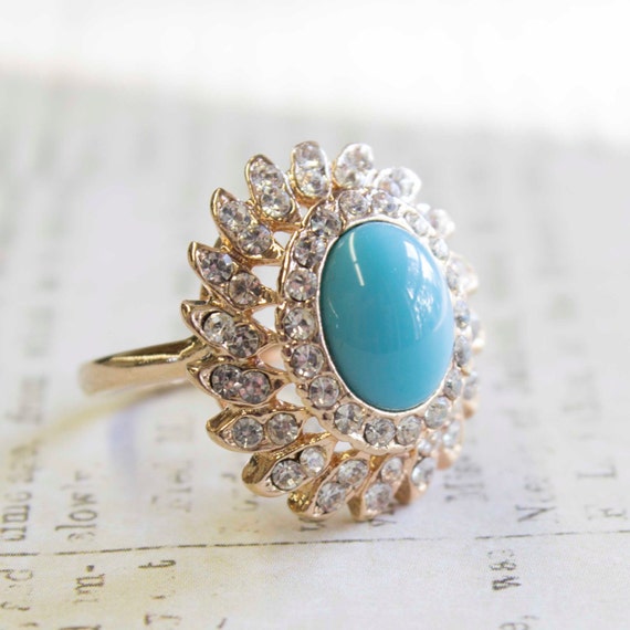 アクセサリー vintage turquoise K18 ring Vintage Ring Turquoise Bead With Clear Swarovski Crystals
