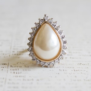 Vintage Ring Pear Shape Faux Pearl with Clear Swarovski Crystals 18k Yellow Gold Electroplated Cocktail Ring  #R2045