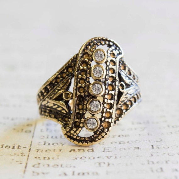 Vintage Art Deco Ring: 18k Gold Electroplated Filigree, Swarovski Crystals