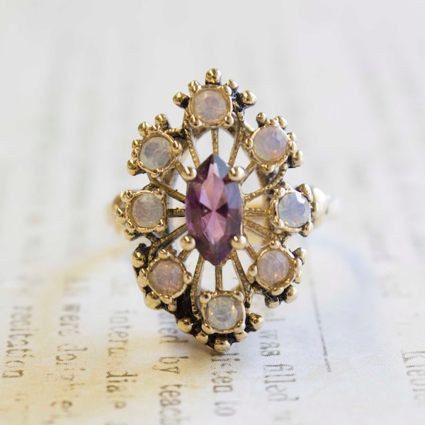 Vintage Womans Antique Amethyst & Pinfire Opal Filigree Ring 18k Gold Electroplate Victorian Style Rings USA Handmade Jewelry Edwardian