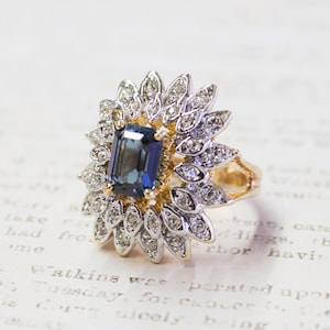 Vintage Ring 1970&#39;s Sapphire and Clear Austrian Crystals 18k Gold Antique Jewelry for Women #R1968 - Limited Stock - Never Worn
