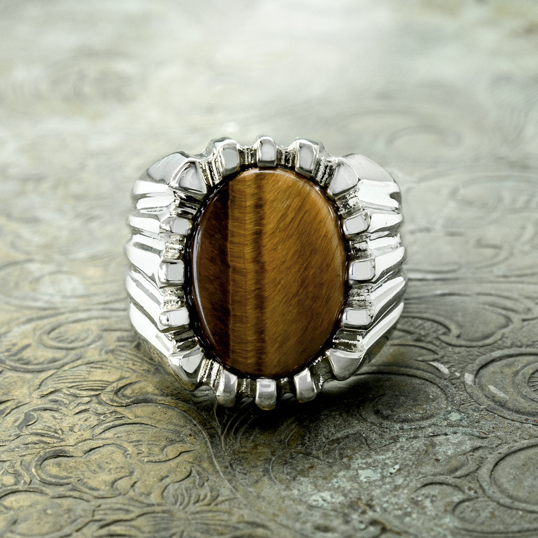 Vintage Ring 1980s Mens Genuine Tiger Eye 18kt White Gold Silver Plated Ring Antique Mens Jewelry #R1960 - Limited Stock - Never Worn