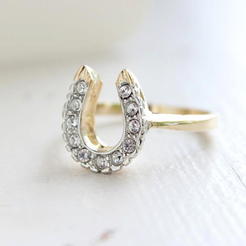 Vintage Ring 1970s Lucky Horseshoe Ring Clear Swarovski Crystals 18k Gold Antique Womans Jewelry Horse R1236 Limited Stock Never Worn image 2
