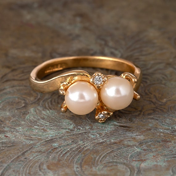 Women's Vintage Ring Pearl Beads with Clear Austr… - image 4