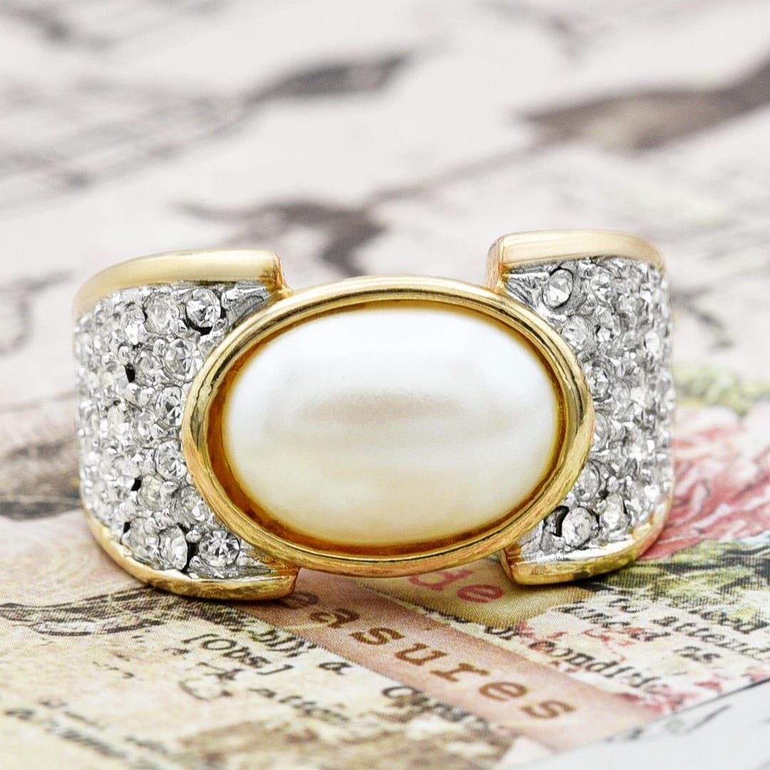 Womens Vintage Statement Ring Pearl Bead 18k Gold Electroplated ...