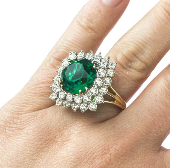 Vintage Ring Emerald Clear Swarovski Crystal Cock… - image 1