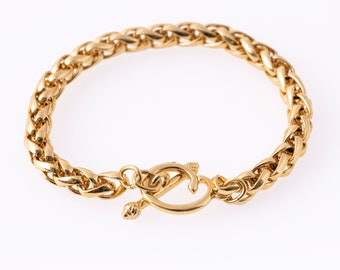 Anillo vintage Oscar De La Renta, pulsera de eslabones trenzados de oro, pulsera de diseño antiguo para mujer, pulsera de cadena con capas y logotipo dorado.