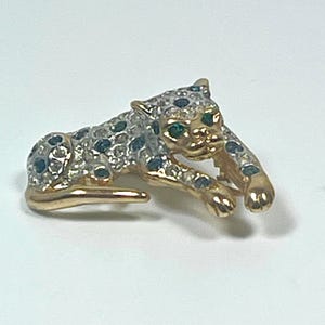 Vintage Tiger Brooch: Austrian Crystal Sapphire Pin, Handmade Jewelry