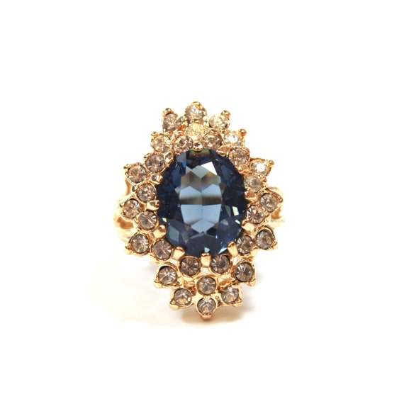 Vintage Ring Sapphire and Clear Swarovski Crystal… - image 1